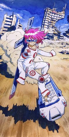 a drawing of a girl with pink hair and goggles standing in front of a building