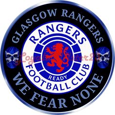 the rangers football club logo on a black and blue circular sign with two skulls behind it