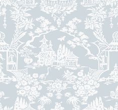 a blue and white wallpaper with trees, houses, birds and flowers on it