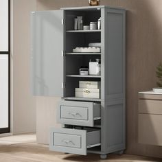 an open cabinet with drawers in a room