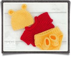 two crocheted baby hats and diaper covers on a white background with the words,