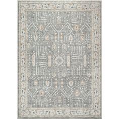 a gray rug with an intricate design on the top and bottom, in grey tones