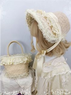 The price is for a bonnet or a bag only, others are not included. Set 1: A bonnet + a bag. Beige Hat For Gift, Beige Hat As Gift, Vintage Cream Bonnet, Ivory Hat, Headpiece Accessories, Kind Reminder, Clothing Inspiration, Girls Dream, Polka Dot Pattern