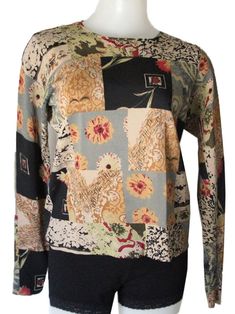 "Vintage Joseph A. Qu'est-Ceque C'est Silk Collage Patchwork Print top LONG SLEEVES, VERY STRETCHY, UNIQUE PATCHWORK/COLLAGE PRINT SIZE M. CHECK MEASUREMENTS FOR SIZING.  VERY GOOD VINTAGE CONDITION. SOLD AS-IS. LABEL IS: JOSEPH A. QU'EST-CEQUE C'EST SILK PARIS - LONDON - NEW YORK 65% VISCOSE 35% NYLON SIZING: (when laid flat) BUST: 18 1/2\" TOP TO BOTTOM LENGTH: 22\" SLEEVE LENGTH: 23 1/2\" BOTTOM WIDTH: 18\"" Patchwork Stretch Tops For Fall, Patterned Patchwork Long Sleeve Tops, Fitted Patterned Top With Patchwork, Patterned Crew Neck Tops For Fall, Patchwork Collage, Paris London, Patchwork Print, Vintage Patchwork, Print Collage