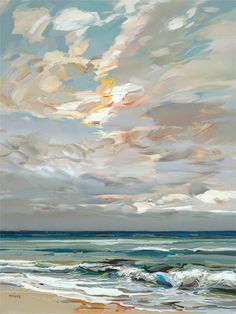 an oil painting of the ocean with clouds in the sky and waves crashing on the beach