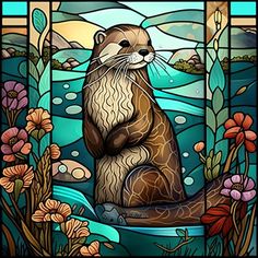 a stained glass window with an otter sitting on the ground in front of water and flowers