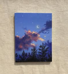 a painting of the night sky with clouds and trees