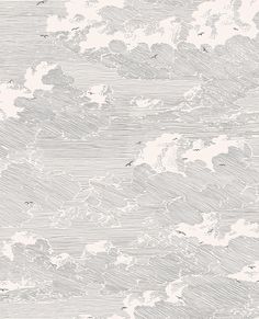 a white and gray wallpaper with clouds in the sky on it's side