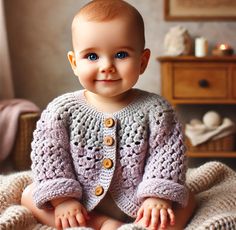 a little baby sitting on top of a bed wearing a knitted sweater and smiling