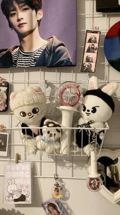 there are many pictures on the wall with stuffed animals