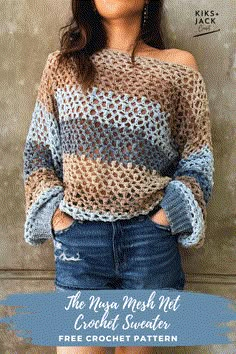 a woman wearing an off the shoulder crochet sweater with her hands in her pockets