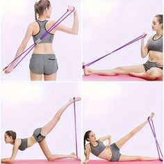 the woman is doing exercises on her yoga mat with resistance straps and holding onto an exercise band