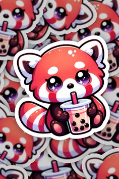 a red panda bear holding a drink surrounded by many other stickers and skull heads