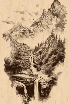 a drawing of a waterfall in the mountains