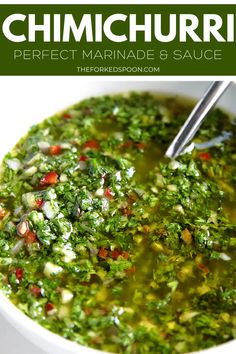 a white bowl filled with broccoli soup and topped with red peppers, parsley and cilantro