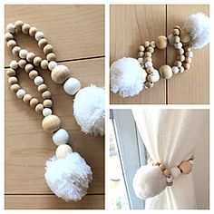 three pictures of different types of wooden beads and tassels on the side of a door