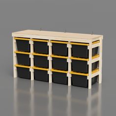 a wooden shelf with black and yellow bins on it's sides, against a gray background