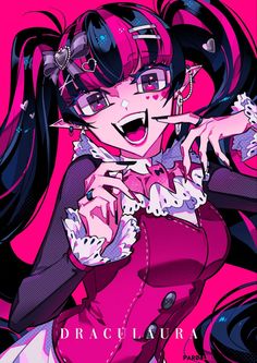 an anime character with long black hair and pink clothes, holding her hand up to her mouth