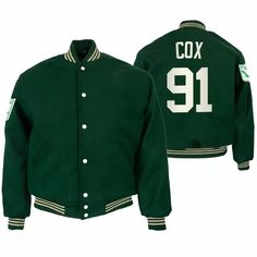 Green Varsity Outerwear With Baseball Collar, Green Varsity Outerwear, Collegiate Green Winter Outerwear, Green Varsity Outerwear For College, Green Collegiate Winter Outerwear, Green Collegiate Outerwear For Winter, Collegiate Long Sleeve Outerwear For College, Collegiate Green Outerwear For Fall, Collegiate Outerwear With Baseball Collar For Winter