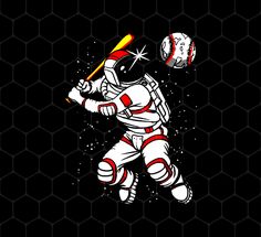 an astronaut is holding a baseball bat and hitting the ball with his glove, on a black background