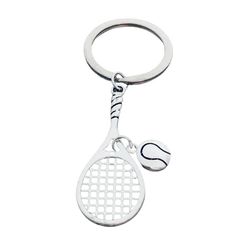 a tennis racquet keychain with a ball on the bottom of it