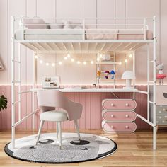 a white bunk bed sitting on top of a wooden floor next to a pink desk