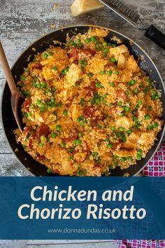 chicken and chorizzo risotto in a skillet