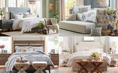 four pictures of different types of furniture and decor in the same room, including a bed