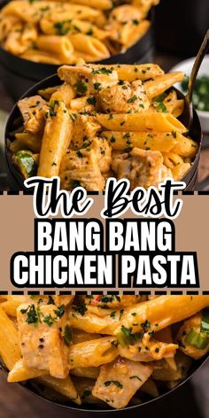 the best bang bang chicken pasta in a skillet with text overlay that reads, the best bang bang chicken pasta