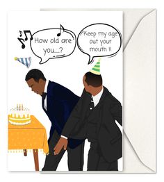 two men in tuxedos are looking at a birthday cake with the words how old are you?