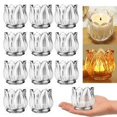 12 pieces clear glass candle holders with flameless leds for home decor, wedding or party