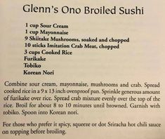 an open book with instructions on how to make glemn's broiled sushi