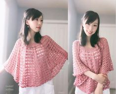 two pictures of a woman wearing a pink crochet top and white skirt with her hands on her hips