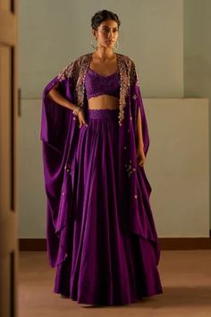 Shop for Mrunalini Rao Purple Pure Silk Paisley Embroidered Cape Lehenga Set for Women Online at Aza Fashions