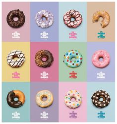 an assortment of donuts with different toppings on them, all in various shapes and sizes