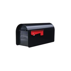 a black mailbox with red letters on it