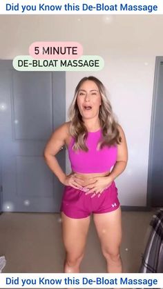 a woman in pink shirt and shorts standing next to a wall with text that reads did you know this de - blat massage?