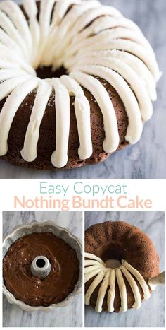 a bundt cake with white icing on top is shown in three different pictures