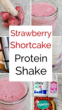 strawberry shortcake protein shake collage with text overlay that reads, strawberry shortcake protein shake