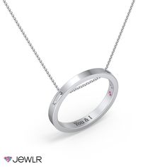 Create a one-of-a-kind gift with an elegant yet subtle design. This floating pendant features an engravable circle with two holes for the chain to thread through and two hidden birthstones to represent you or someone special. Personalize yours with a choice of genuine or simulated gemstones and engrave a meaningful message on the inside of the ring. Customize in sterling silver, white, yellow, or rose gold, and complete by selecting the chain to suit your unique style. Modern Stainless Steel Jewelry For Anniversary, White Gold Jewelry With Birthstone In Round Pendant, Modern Engraved Jewelry For Promise, White Gold Birthstone Necklace With Round Pendant For Wedding, Stainless Steel Pendant Jewelry For Anniversary, Personalized Minimalist Pendant Birthstone Necklace, Personalized Minimalist Birthstone Necklace With Round Pendant, Silver Open Circle Jewelry For Anniversary, White Gold Round Cut Birthstone Necklace For Anniversary