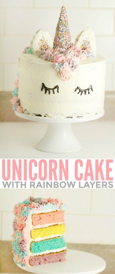 a unicorn cake with rainbow layers and sprinkles is shown in this image