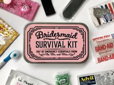 the bridesmaid survival kit is laid out on a white surface with other items