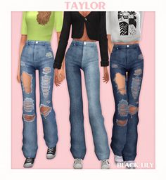 three different styles of jeans with holes on the sides and one has a crop top