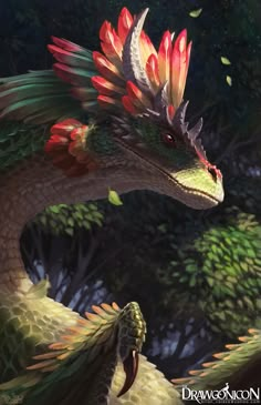 an artistic painting of a dragon with red and yellow feathers