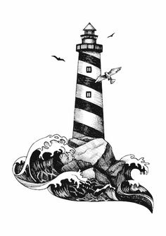 a black and white drawing of a lighthouse with waves in the foreground, birds flying around