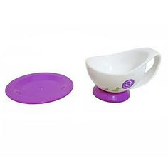 a white bowl and purple plate on a white background