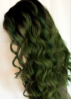 Dark Green Hair On Brown Hair, Army Green Hair, Moss Green Hair Color, Long Dark Green Hair, Smokey Green Hair, Mossy Green Hair, Green Hair Tan Skin