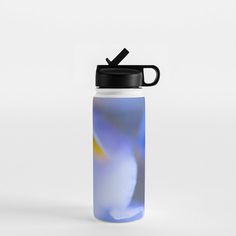 a white and blue water bottle with a black lid