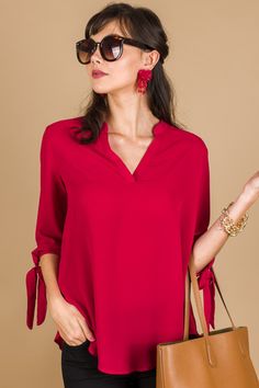 Tie Sleeve Crepe Blouse, Red :: NEW ARRIVALS :: The Blue Door Boutique Chic V-neck Top With Tie Sleeves, V-neck Tops With Tie Sleeves For Brunch, V-neck Top With Tie Sleeves For Brunch, Workwear V-neck Top With Tie Sleeves, V-neck Workwear Top With Tie Sleeves, V-neck Top With Tie Sleeves For Work, Crepe Blouse, Dress Blouse, Blue Door