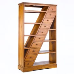 a wooden bookcase with drawers and stairs